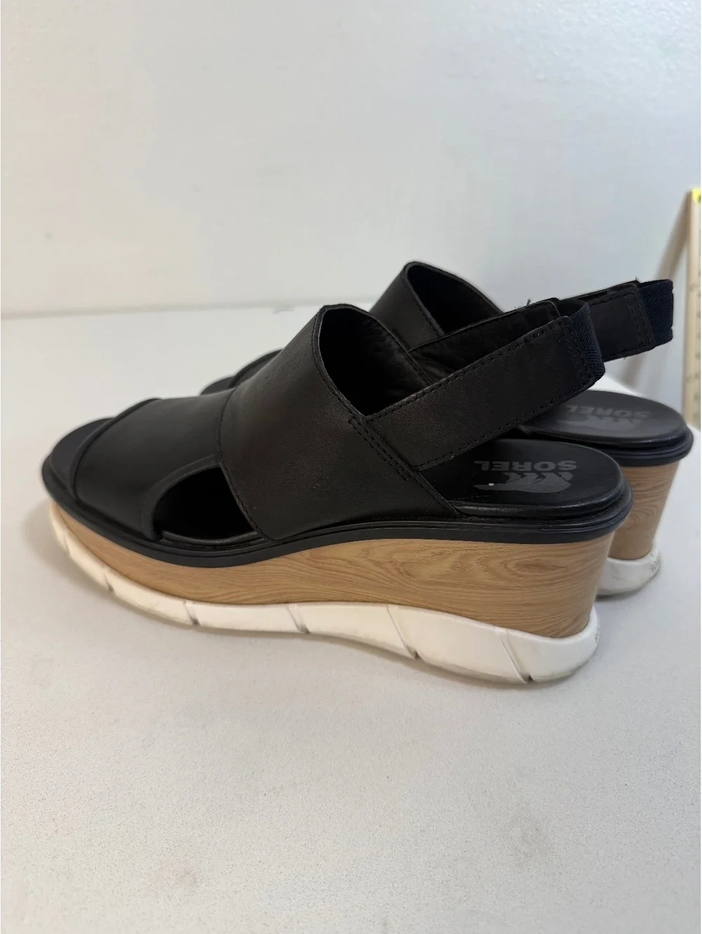 Sorel Women's Black Wedge Sandals with Wood-Effect Platform 9/9.5